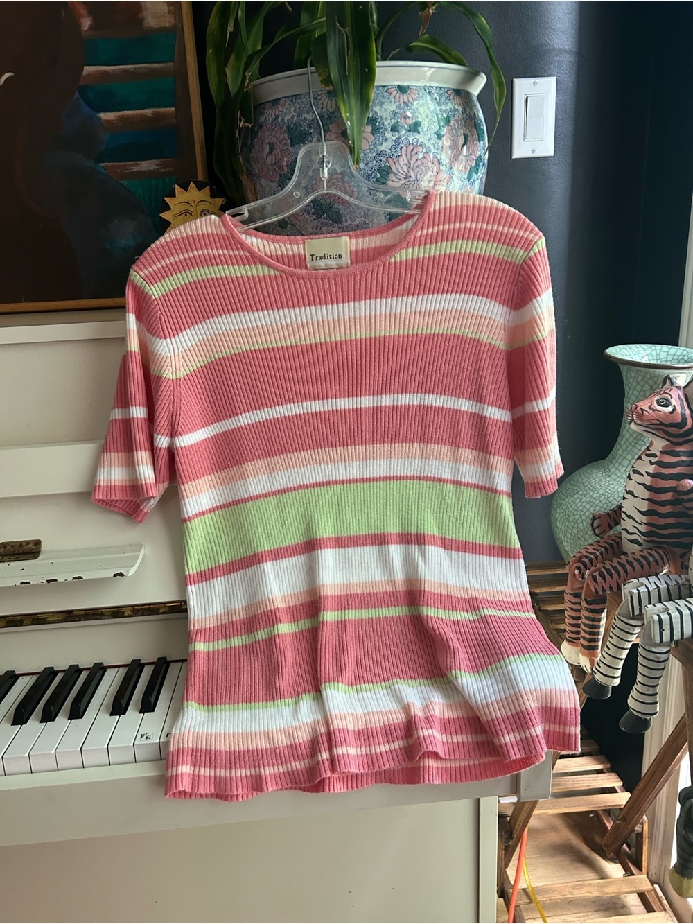Tradition Pink Green Striped Ribbed Knit Top Y2K Size Large